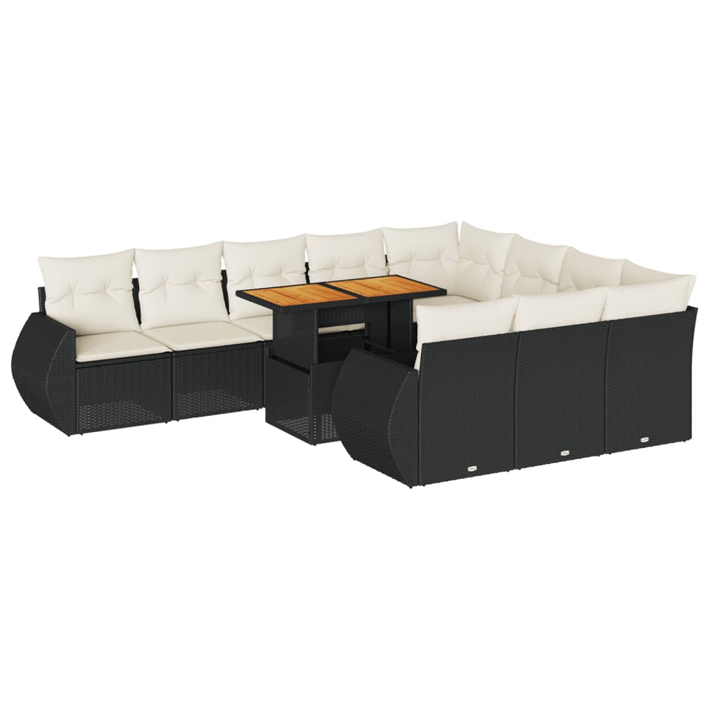 11-tlg. Garten-Sofagarnitur mit Kissen Schwarz Poly Rattan