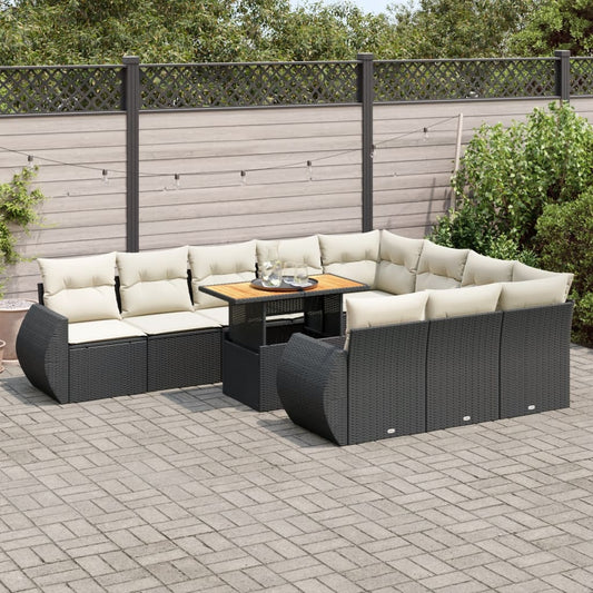 11-tlg. Garten-Sofagarnitur mit Kissen Schwarz Poly Rattan