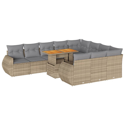 11-tlg. Garten-Sofagarnitur mit Kissen Beige Poly Rattan