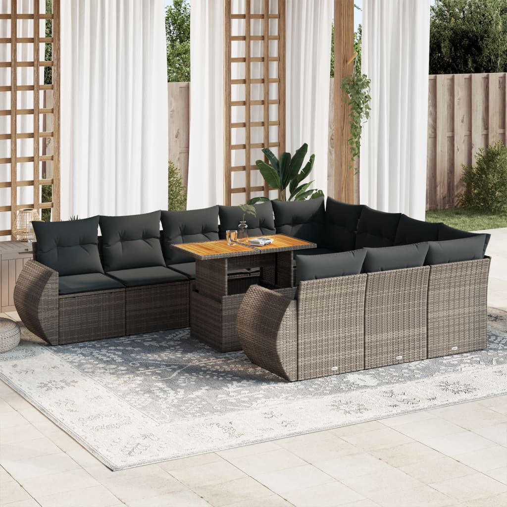 11-tlg. Garten-Sofagarnitur mit Kissen Grau Poly Rattan