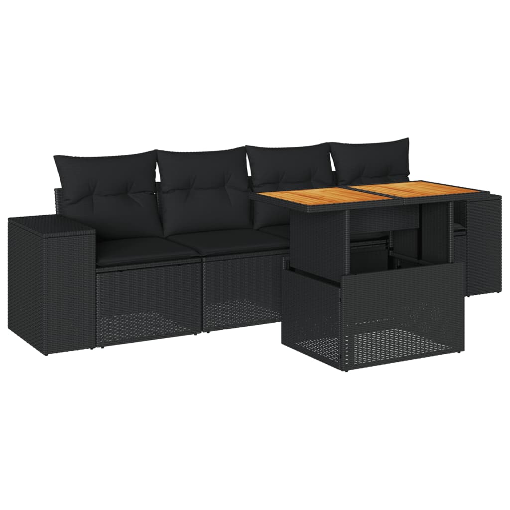 5-tlg. Garten-Sofagarnitur mit Kissen Schwarz Poly Rattan