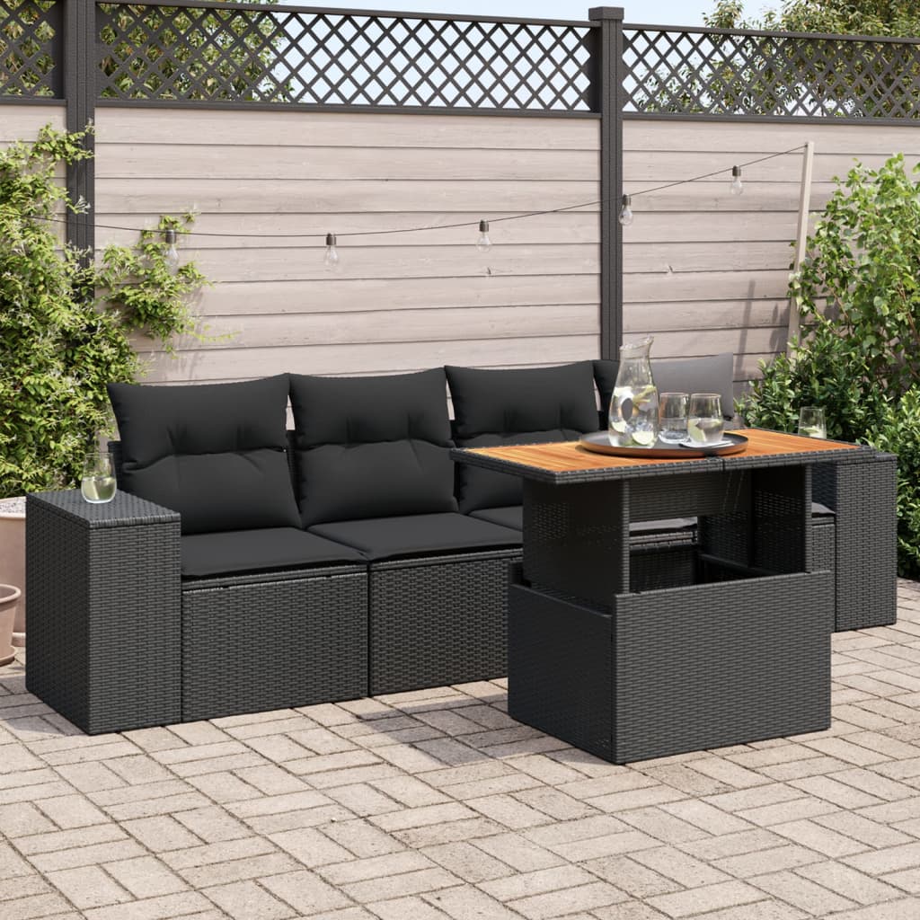 5-tlg. Garten-Sofagarnitur mit Kissen Schwarz Poly Rattan