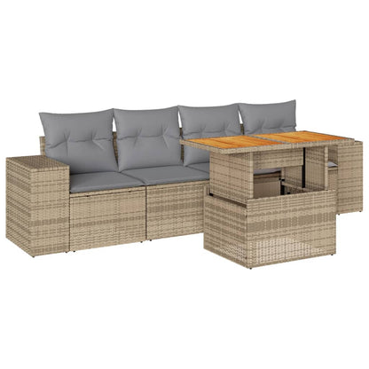 5-tlg. Garten-Sofagarnitur mit Kissen Beige Poly Rattan