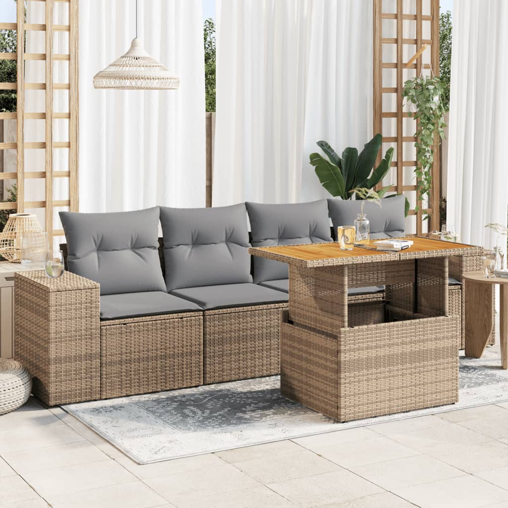 5-tlg. Garten-Sofagarnitur mit Kissen Beige Poly Rattan