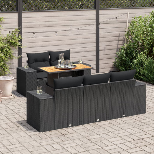 6-tlg. Garten-Sofagarnitur mit Kissen Schwarz Poly Rattan