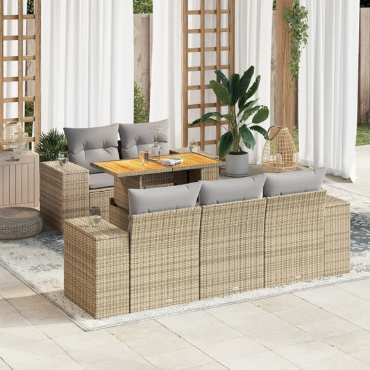 6-tlg. Garten-Sofagarnitur mit Kissen Beige Poly Rattan