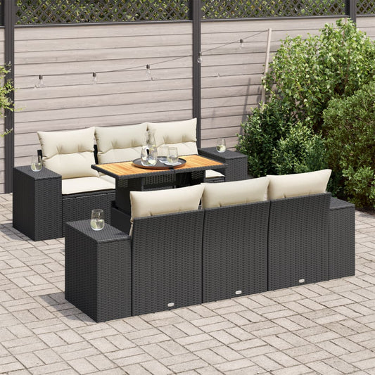 7-tlg. Garten-Sofagarnitur mit Kissen Schwarz Poly Rattan