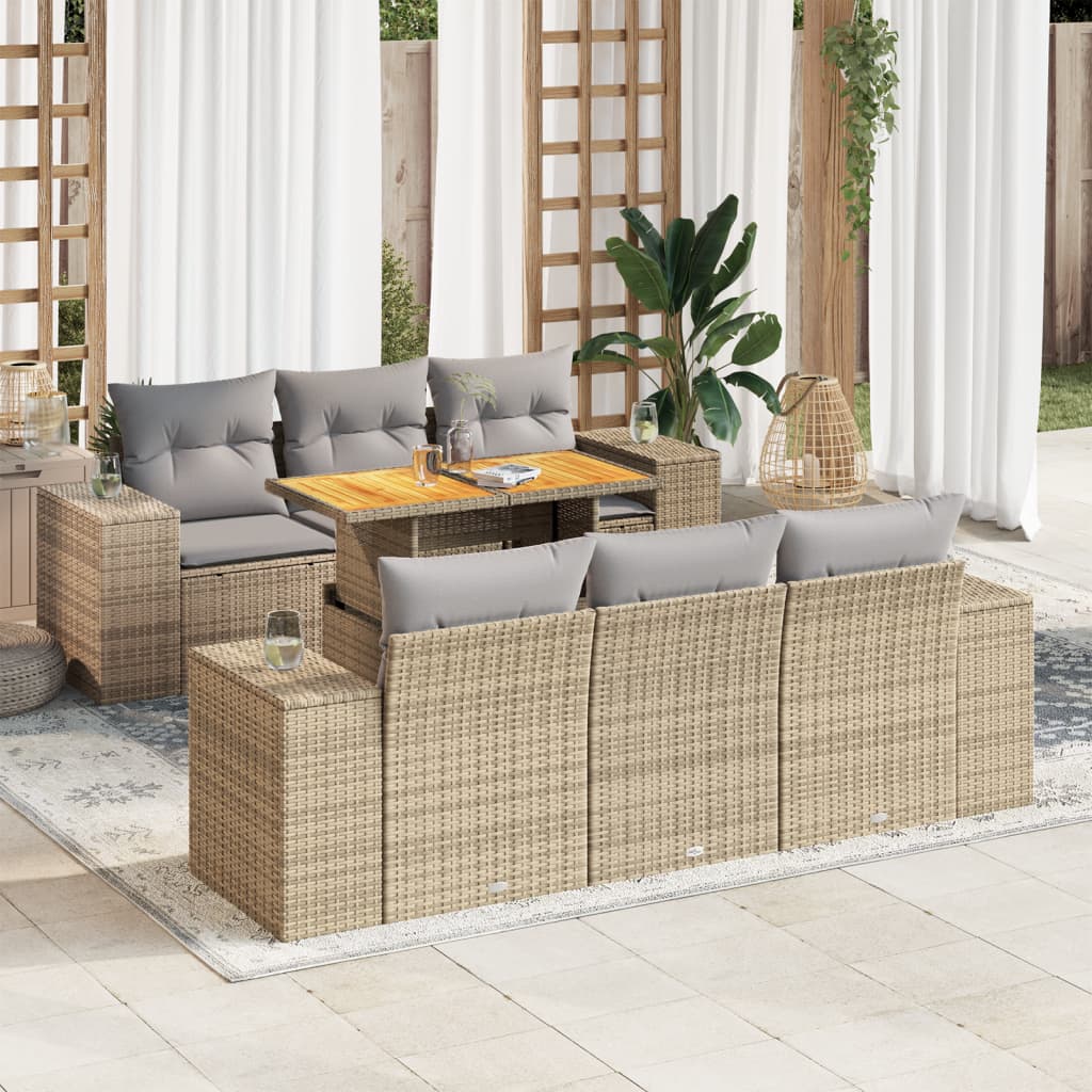 7-tlg. Garten-Sofagarnitur mit Kissen Beige Poly Rattan