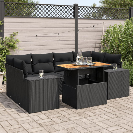 7-tlg. Garten-Sofagarnitur mit Kissen Schwarz Poly Rattan