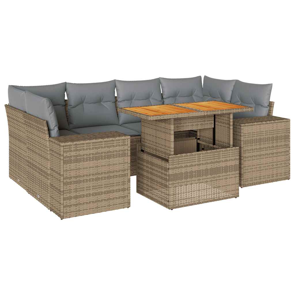 7-tlg. Garten-Sofagarnitur mit Kissen Beige Poly Rattan