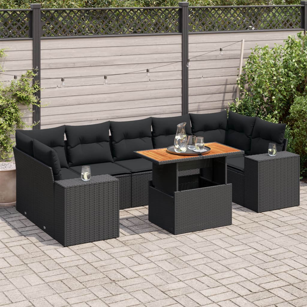 8-tlg. Garten-Sofagarnitur mit Kissen Schwarz Poly Rattan