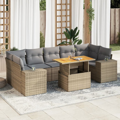 8-tlg. Garten-Sofagarnitur mit Kissen Beige Poly Rattan