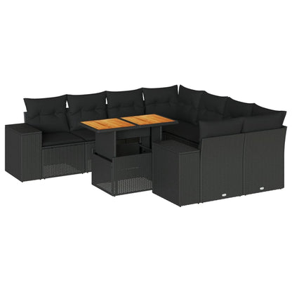 9-tlg. Garten-Sofagarnitur mit Kissen Schwarz Poly Rattan