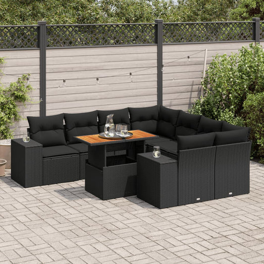 9-tlg. Garten-Sofagarnitur mit Kissen Schwarz Poly Rattan