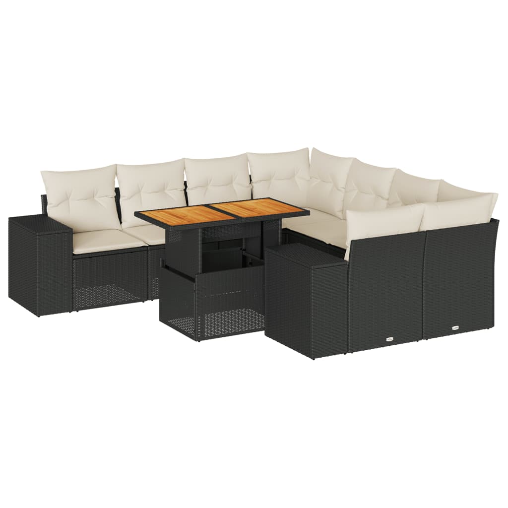 9-tlg. Garten-Sofagarnitur mit Kissen Schwarz Poly Rattan