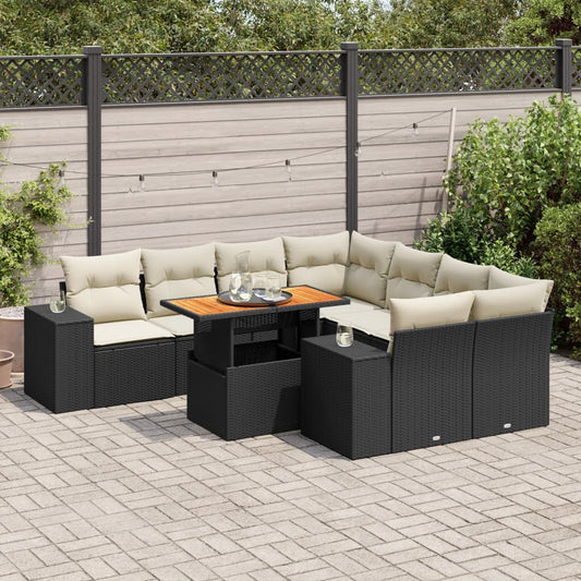 9-tlg. Garten-Sofagarnitur mit Kissen Schwarz Poly Rattan