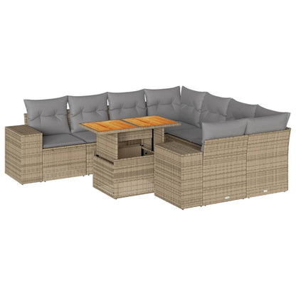 9-tlg. Garten-Sofagarnitur mit Kissen Beige Poly Rattan