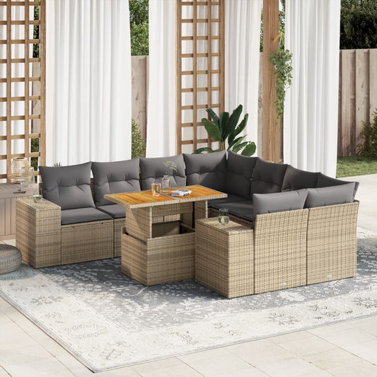 9-tlg. Garten-Sofagarnitur mit Kissen Beige Poly Rattan