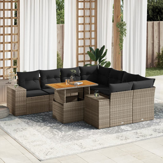 9-tlg. Garten-Sofagarnitur mit Kissen Grau Poly Rattan