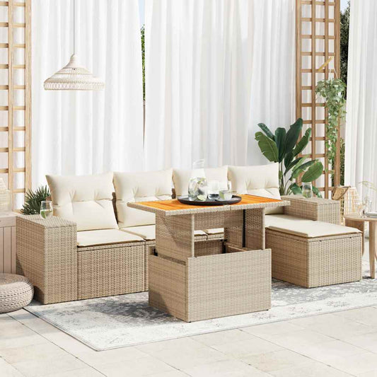 6-tlg. Garten-Sofagarnitur mit Kissen Beige Poly Rattan