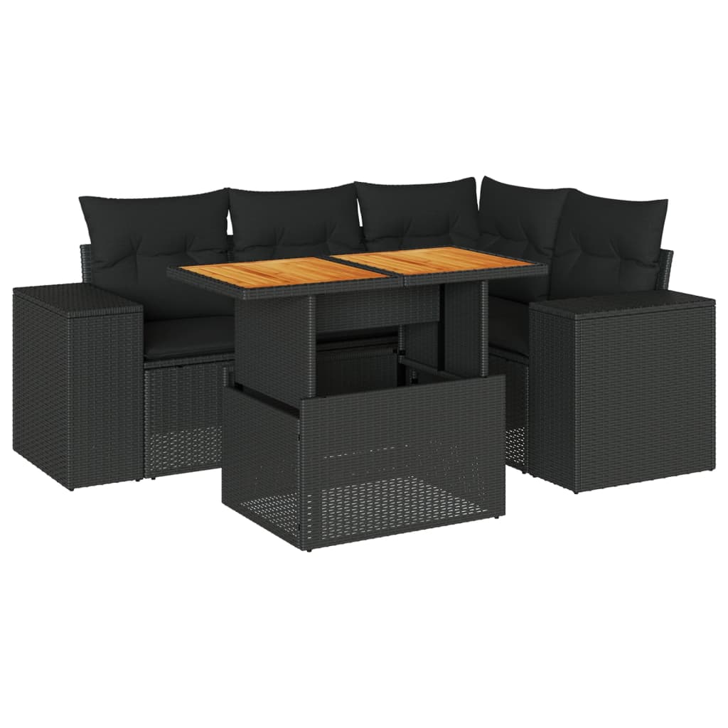 5-tlg. Garten-Sofagarnitur mit Kissen Schwarz Poly Rattan