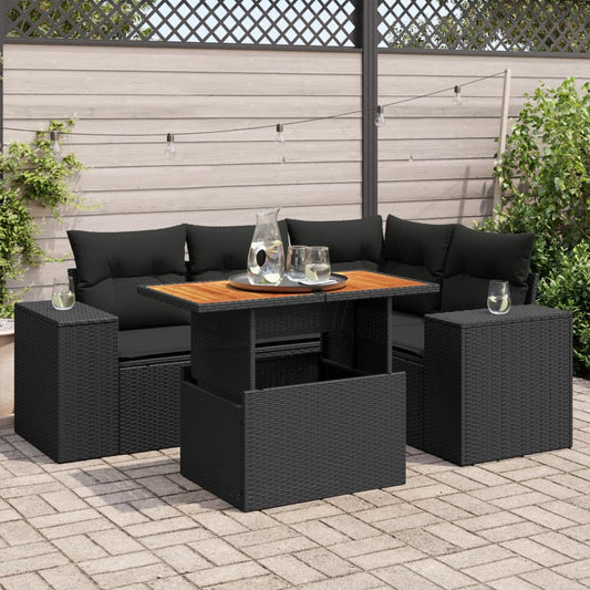 5-tlg. Garten-Sofagarnitur mit Kissen Schwarz Poly Rattan