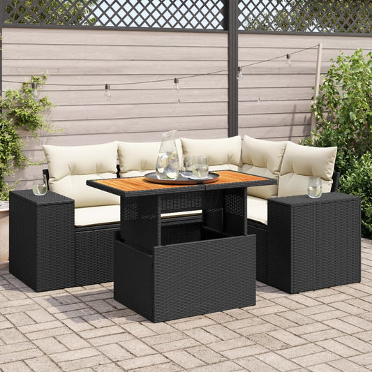 5-tlg. Garten-Sofagarnitur mit Kissen Schwarz Poly Rattan