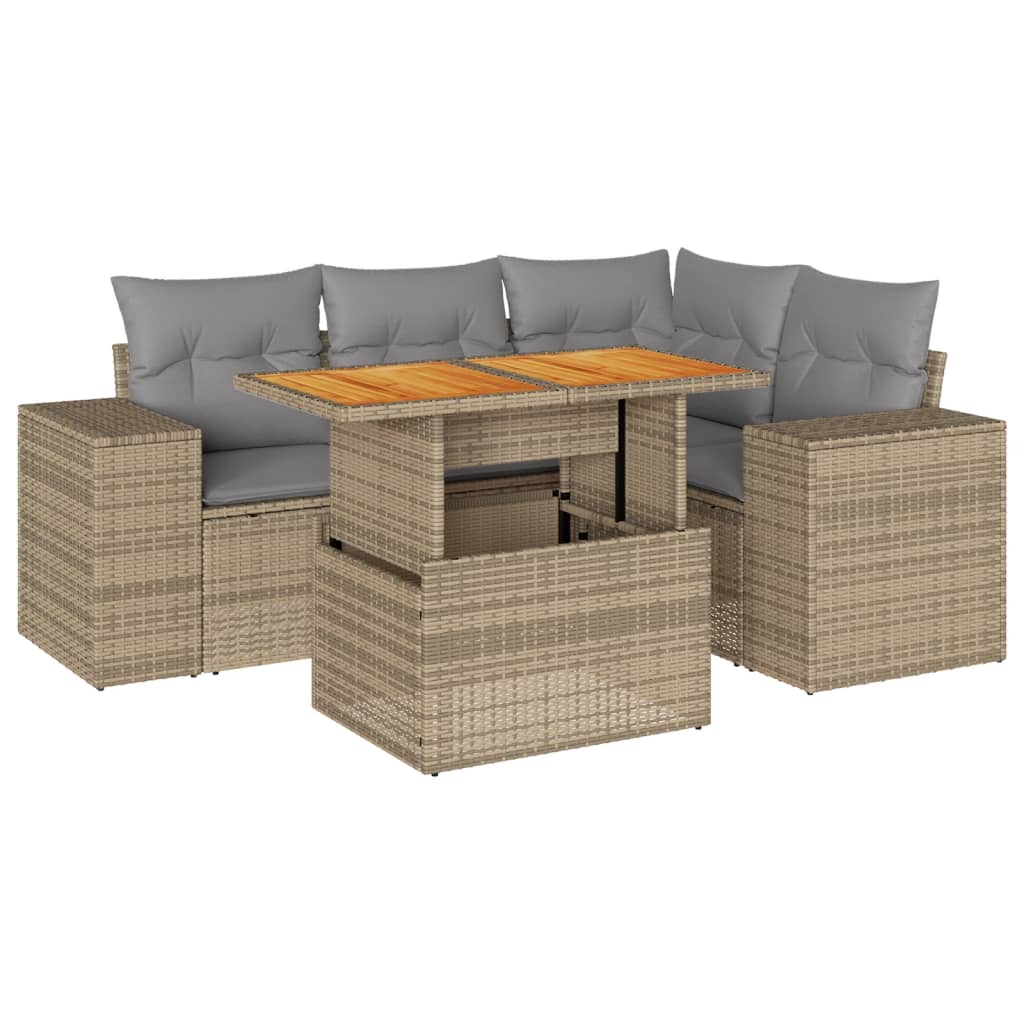 5-tlg. Garten-Sofagarnitur mit Kissen Beige Poly Rattan