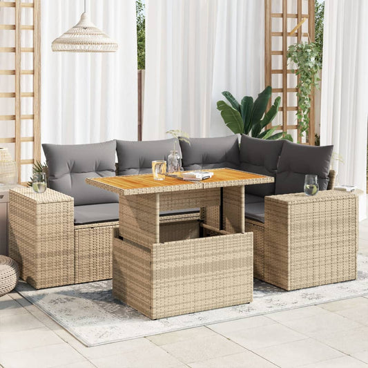 5-tlg. Garten-Sofagarnitur mit Kissen Beige Poly Rattan