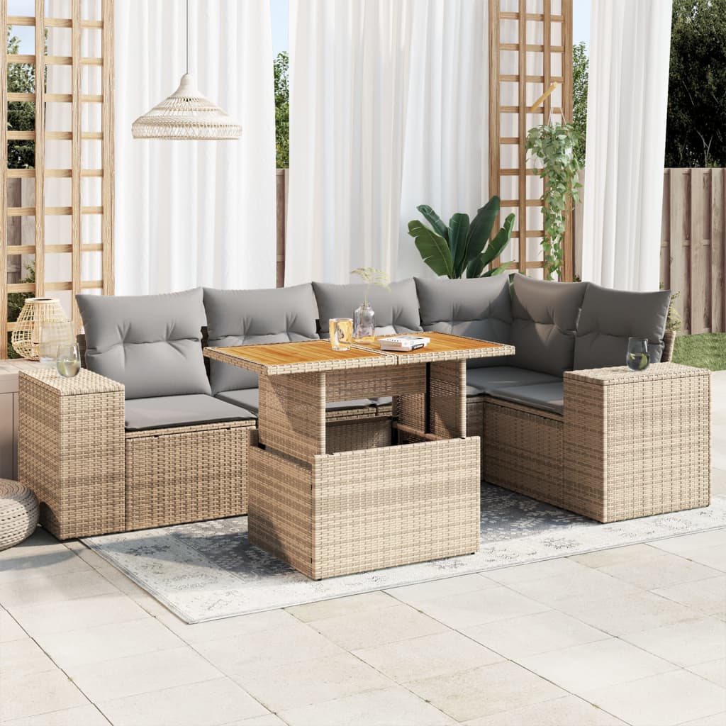 6-tlg. Garten-Sofagarnitur mit Kissen Beige Poly Rattan