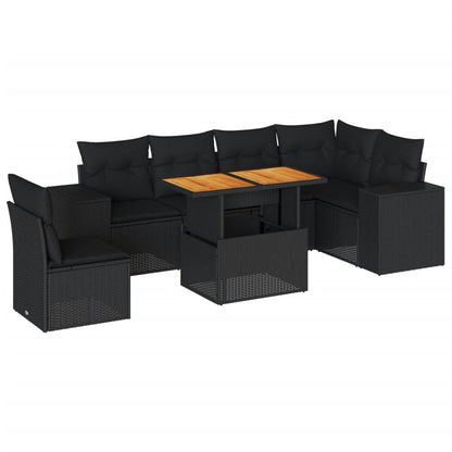 7-tlg. Garten-Sofagarnitur mit Kissen Schwarz Poly Rattan