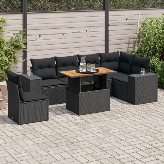 7-tlg. Garten-Sofagarnitur mit Kissen Schwarz Poly Rattan