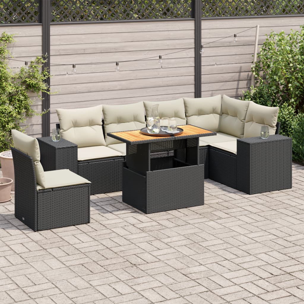 7-tlg. Garten-Sofagarnitur mit Kissen Schwarz Poly Rattan