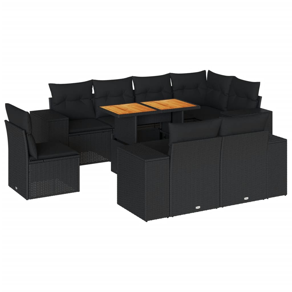 9-tlg. Garten-Sofagarnitur mit Kissen Schwarz Poly Rattan