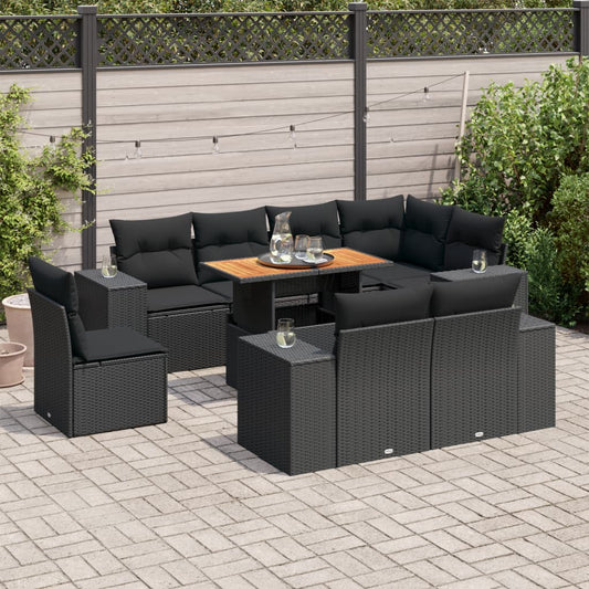 9-tlg. Garten-Sofagarnitur mit Kissen Schwarz Poly Rattan