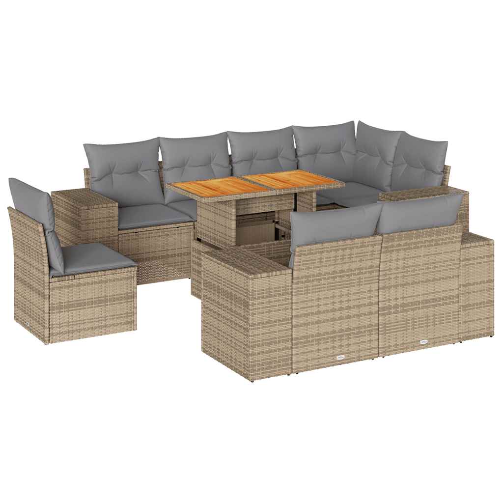 9-tlg. Garten-Sofagarnitur mit Kissen Beige Poly Rattan