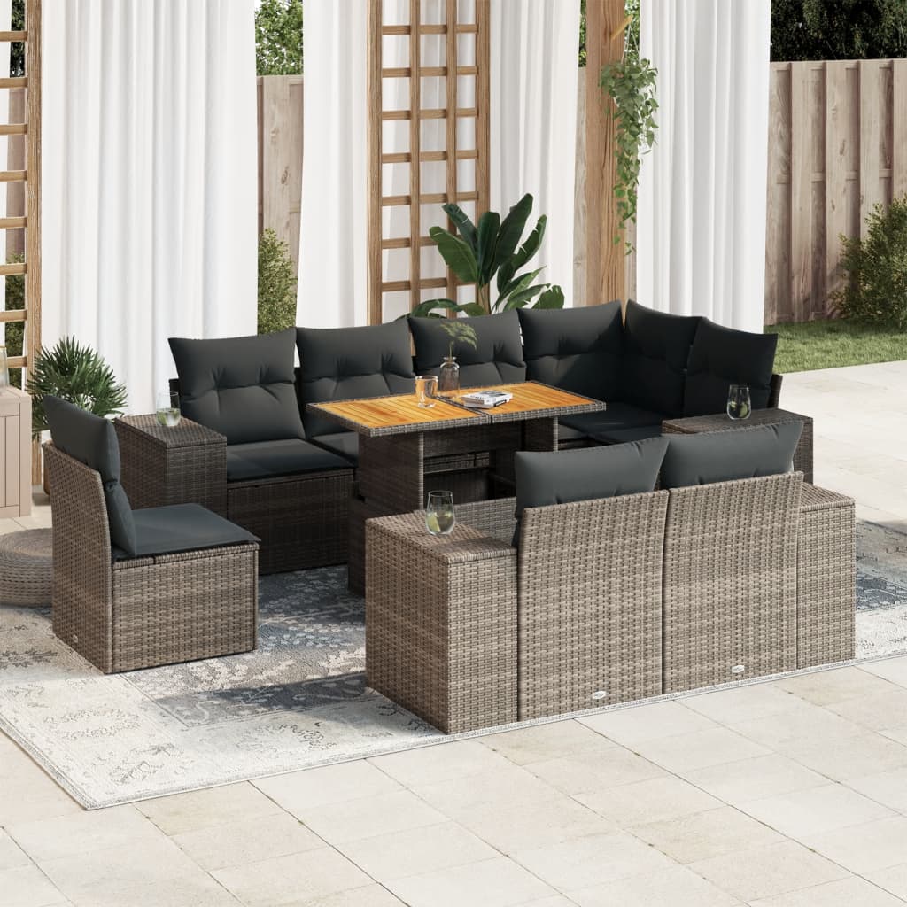 9-tlg. Garten-Sofagarnitur mit Kissen Grau Poly Rattan