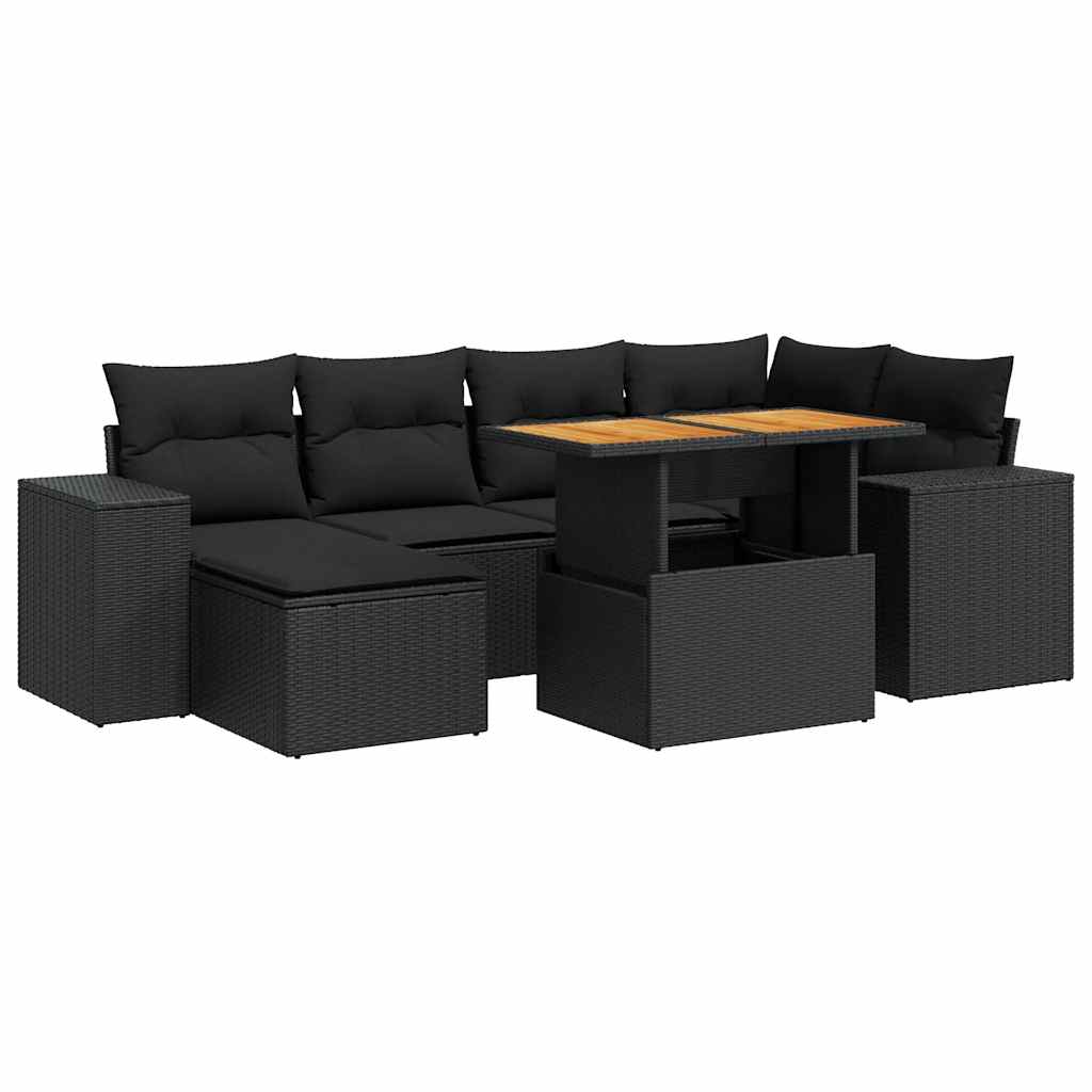 7-tlg. Garten-Sofagarnitur mit Kissen Schwarz Poly Rattan