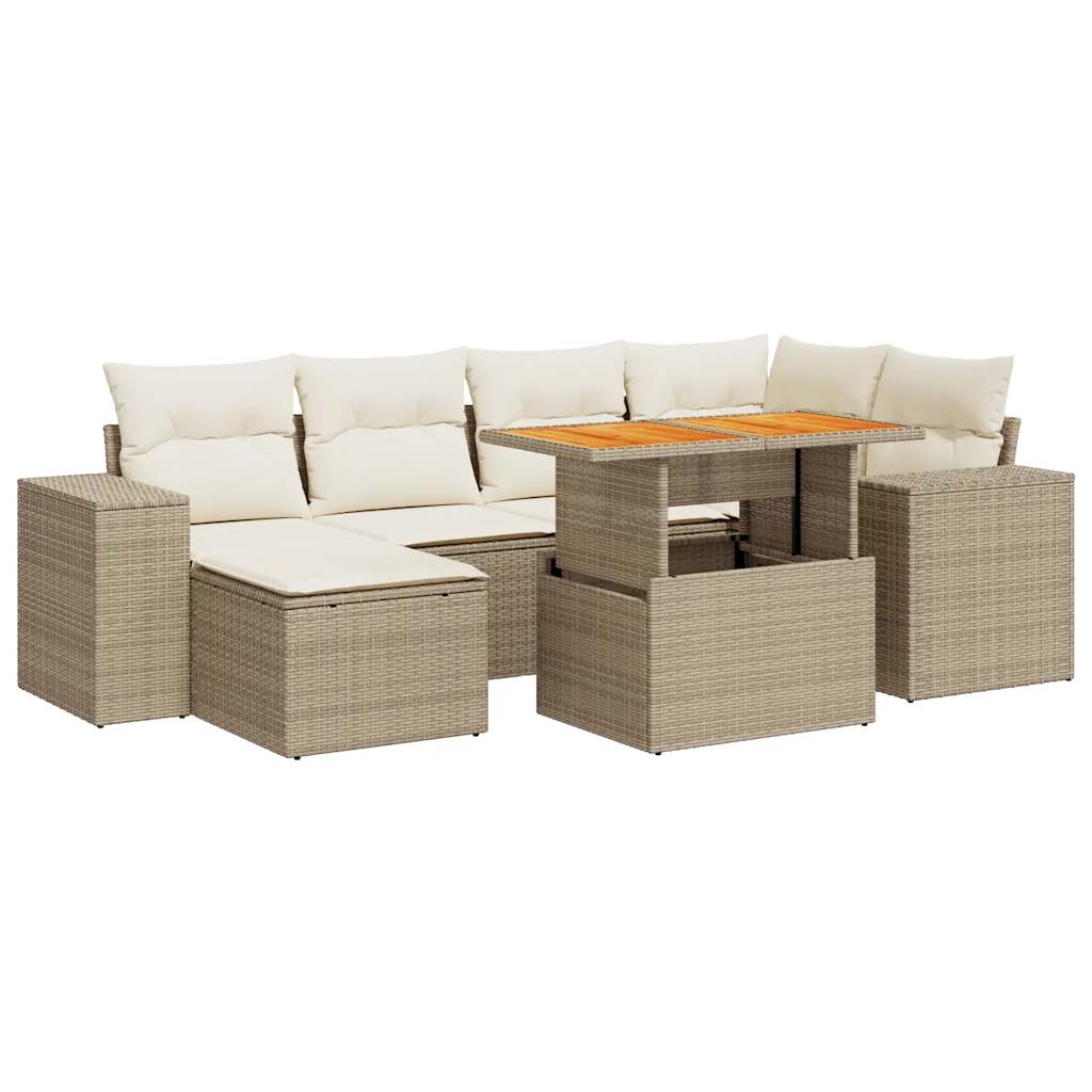 7-tlg. Garten-Sofagarnitur mit Kissen Beige Poly Rattan