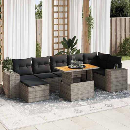 8-tlg. Garten-Sofagarnitur mit Kissen Grau Poly Rattan