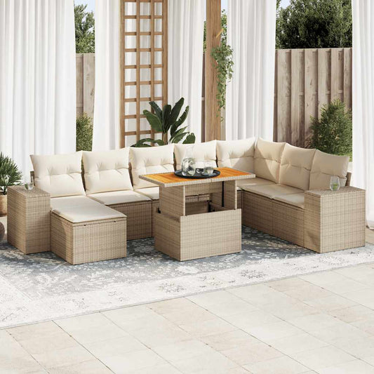 9-tlg. Garten-Sofagarnitur mit Kissen Beige Poly Rattan Akazie