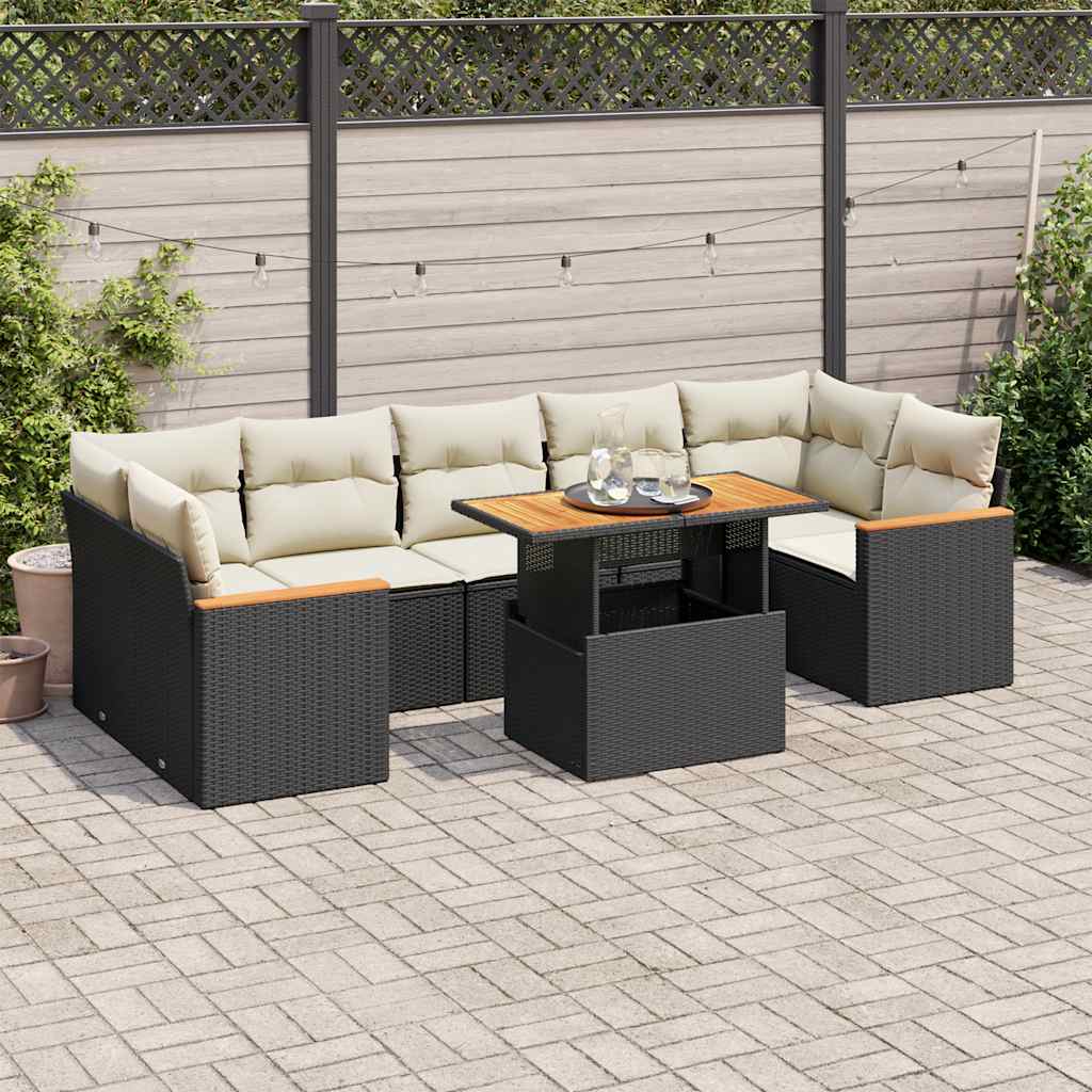 8-tlg. Garten-Sofagarnitur mit Kissen Schwarz Poly Rattan