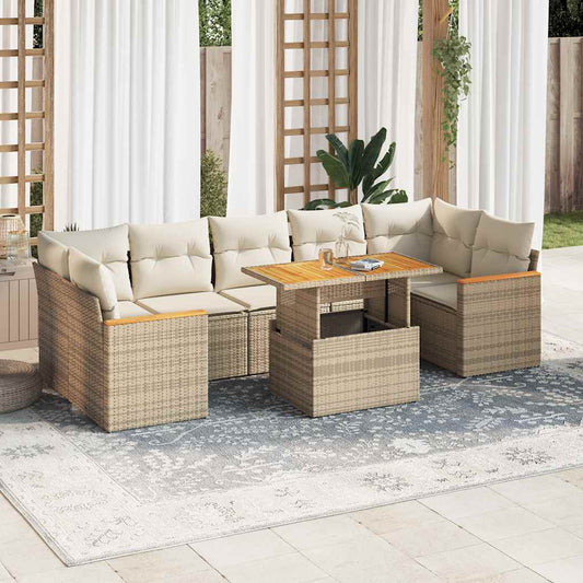 7-tlg. Garten-Sofagarnitur mit Kissen Beige Poly Rattan Akazie