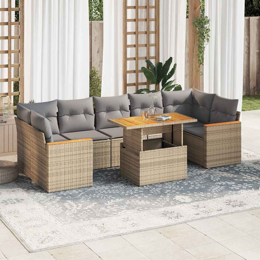 7-tlg. Garten-Sofagarnitur mit Kissen Beige Poly Rattan Akazie