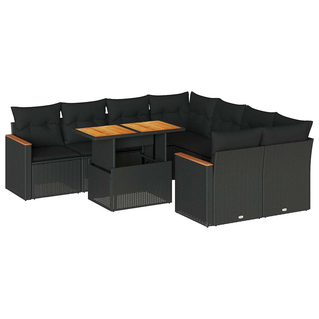 9-tlg. Garten-Sofagarnitur mit Kissen Schwarz Poly Rattan