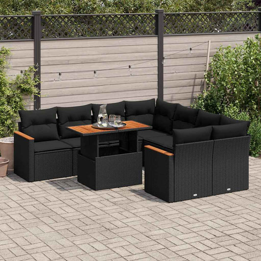 9-tlg. Garten-Sofagarnitur mit Kissen Schwarz Poly Rattan