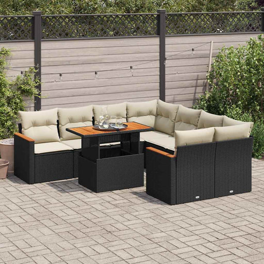 9-tlg. Garten-Sofagarnitur mit Kissen Schwarz Poly Rattan