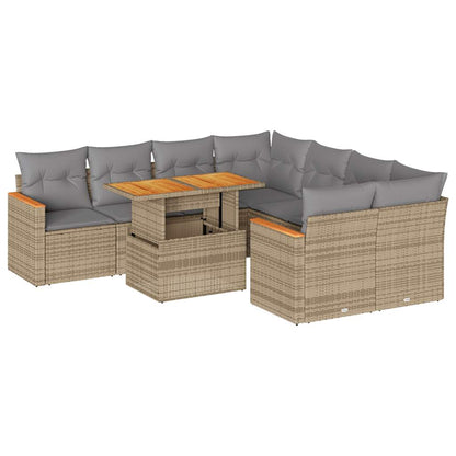 9-tlg. Garten-Sofagarnitur mit Kissen Beige Poly Rattan Akazie