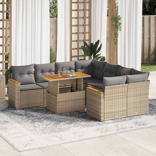 9-tlg. Garten-Sofagarnitur mit Kissen Beige Poly Rattan Akazie