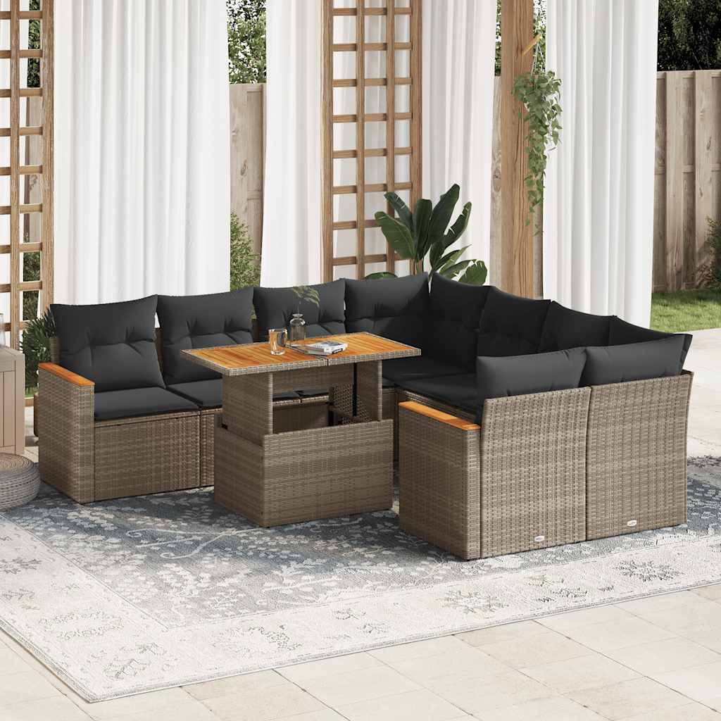 9-tlg. Garten-Sofagarnitur mit Kissen Grau Poly Rattan Akazie